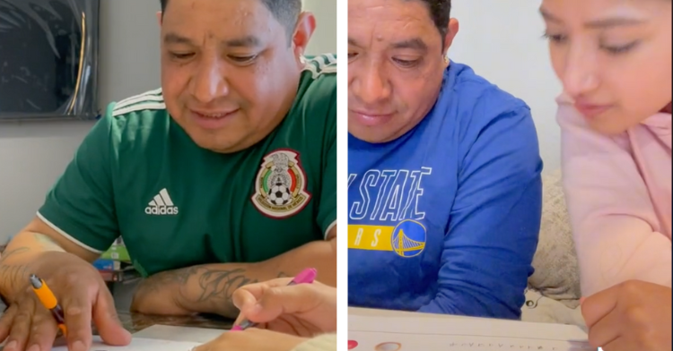 two-photo collage. on the left there is a picture of luciano flores practicing his reading and on the right there right there is a picture of lucy helping her dad.