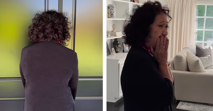 two-photo collage. on the left, dwayne johnson's mom has her back turned as she is about to open a door. on the right there is a picture of dwayne johnson's mom inside a house with a surprised facial expression.