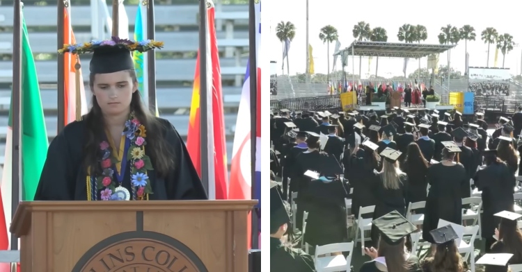 a two-photo collage. the first is of elizabeth bonkers at a podium giving her commencement speech. the second is a view of elizabeth’s graduating class as the give her a standing ovation after her speech.
