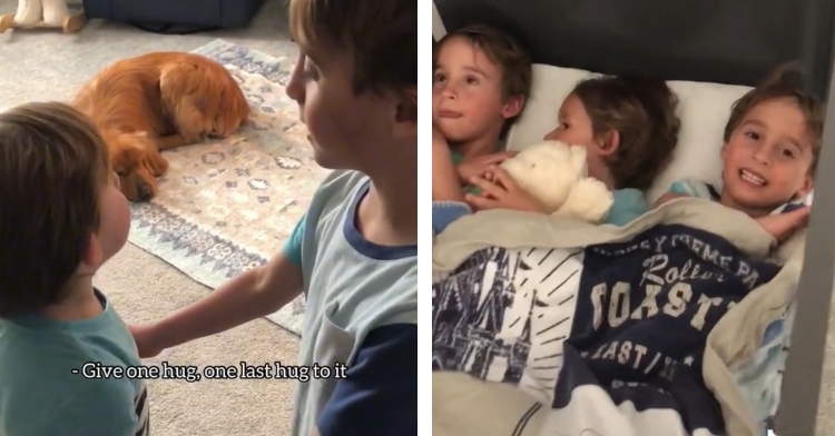 a two-photo collage. the first is of a little boy with a hand on his little brother’s shoulder. what he’s saying is on the image: “give one hug, one last hug to it.” the second is of three little boys snuggled together under a blanket in a crib.
