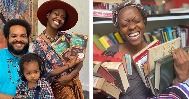 a two-photo collage. the first is of raymond, kaila, and their 2 year old child, truth, posing as kaila holds books. the second is of kaila smiling wide with her eyes closed as she holds several books in each hand. she’s standing in front of a full bookcase.