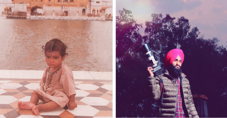 two-photo collage. picture on the left shows harkirat as a toddler and on the right there is a picture of harkirat as an adult holding a professional camera.