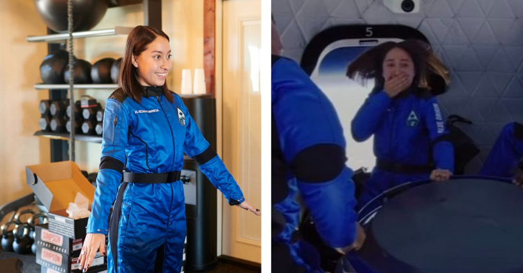 two-photo collage. on the left there is a picture of katya echazarreta trying on her space suit, and on the right there is a picture of her in space.