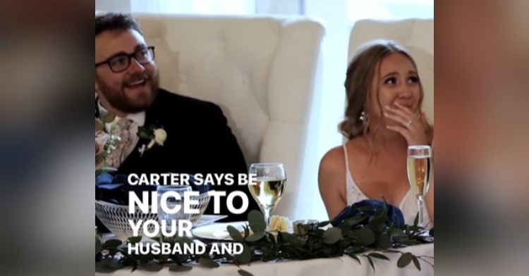 bride emily and her groom looking surprised as they hear marriage advice from emily’s kindergarten class. words to an incomplete sentence are on the image that say, “carter says be nice to your husband and”