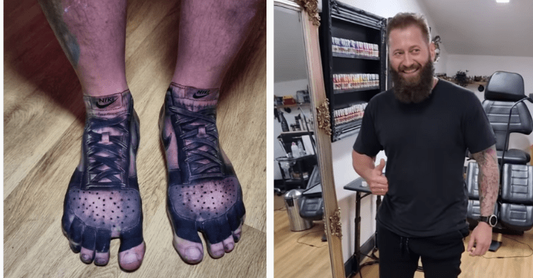 two-photo collage. on the left there is a picture of the man's feet with a permanent tattoo of a pair of nikes. on the right there is a picture of the man that got the tattoo.
