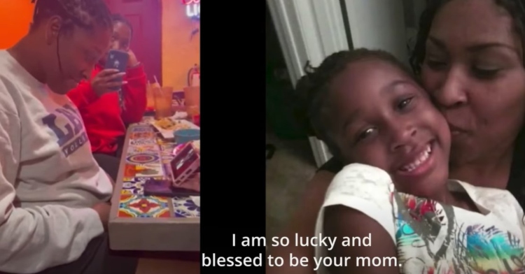 half of the image is of jai sisk watching a video from her mom while sitting at a restaurant. the other half shows an image from the video. it’s of jai and her mom, trina sisk, from when jai was a child. the words “I am so lucky and blessed to be your mom” are at the bottom.