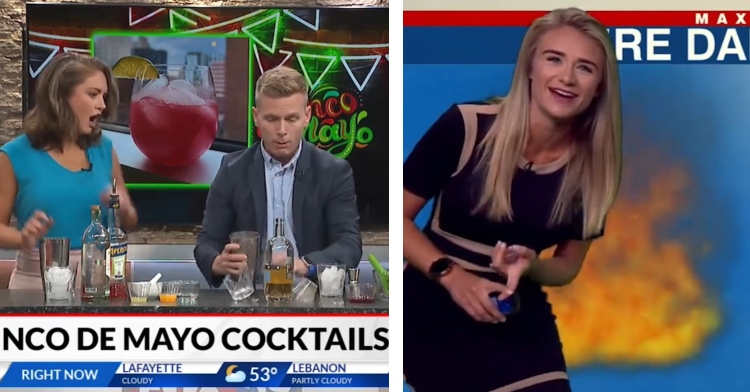 a two-photo collage. the first is of two newscasters at a table with cocktails. one just dropped something and broke a glass and the other has their mouth open from shock. the second is of a meteorologist who is too large for the camera shot and is bending down to be seen.