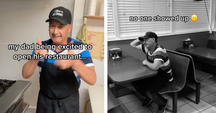 two-photo collage. on the left there is a screenshot of nico cardenas excited to start his workday at the restaurant. on the right there is a picture of nico sitting in one of the tables looking sad because no customers showed up.