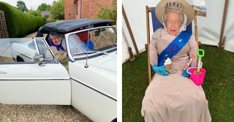 a two-photo collage. the first is of a scarecrow with queen elizabeth's face sitting in a car with the door open. the second is of a scarecrow with queen elizabeth's face sitting on a lawn chair. she has a crown, sash, fake ice cream cone, and a pail and shovel.
