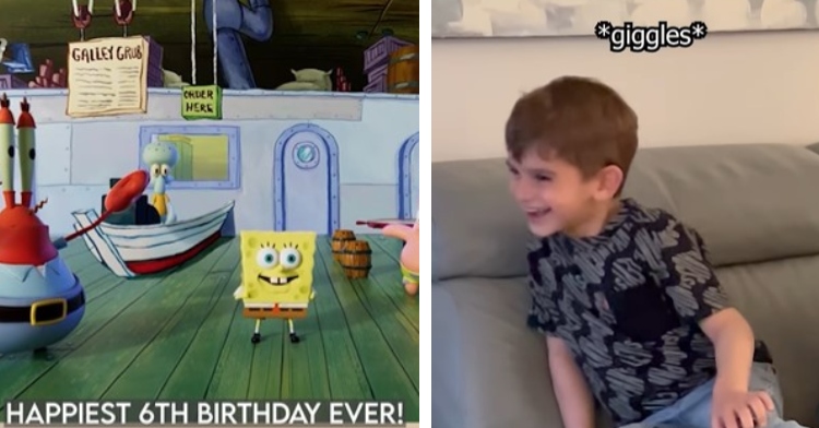 a two-photo collage. the first is of an animated spongebob birthday message mark cannataro made. it’s captioned “happiest 6th birthday ever!” the second is of 6 year old gianpaolo laughing as he sits on a couch.