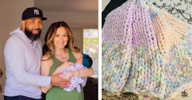 a two-photo collage. the first is of david amastae and candace countryman smiling as the hold baby luna. the second is the blanket angela white made for them.