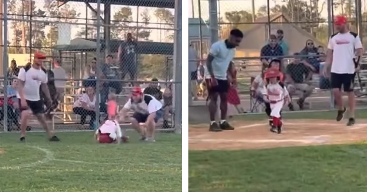a two-photo collage. the first shows 3 year old jasper mid-summersault as he makes his way from 3rd base to home plate. two men stand nearby encouraging him to stand and run. the second shows jasper running across the home plate.