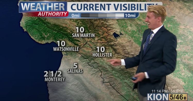 weatherman zach mcintyre giving out the forecast while trying not to laugh