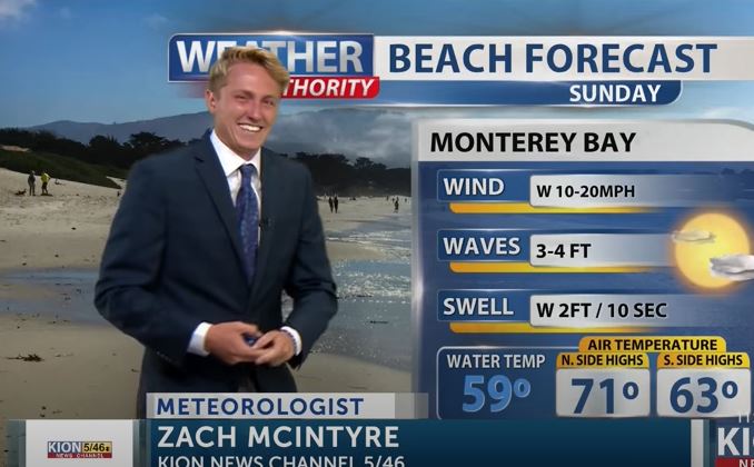 Zach laughing in front of the weather report