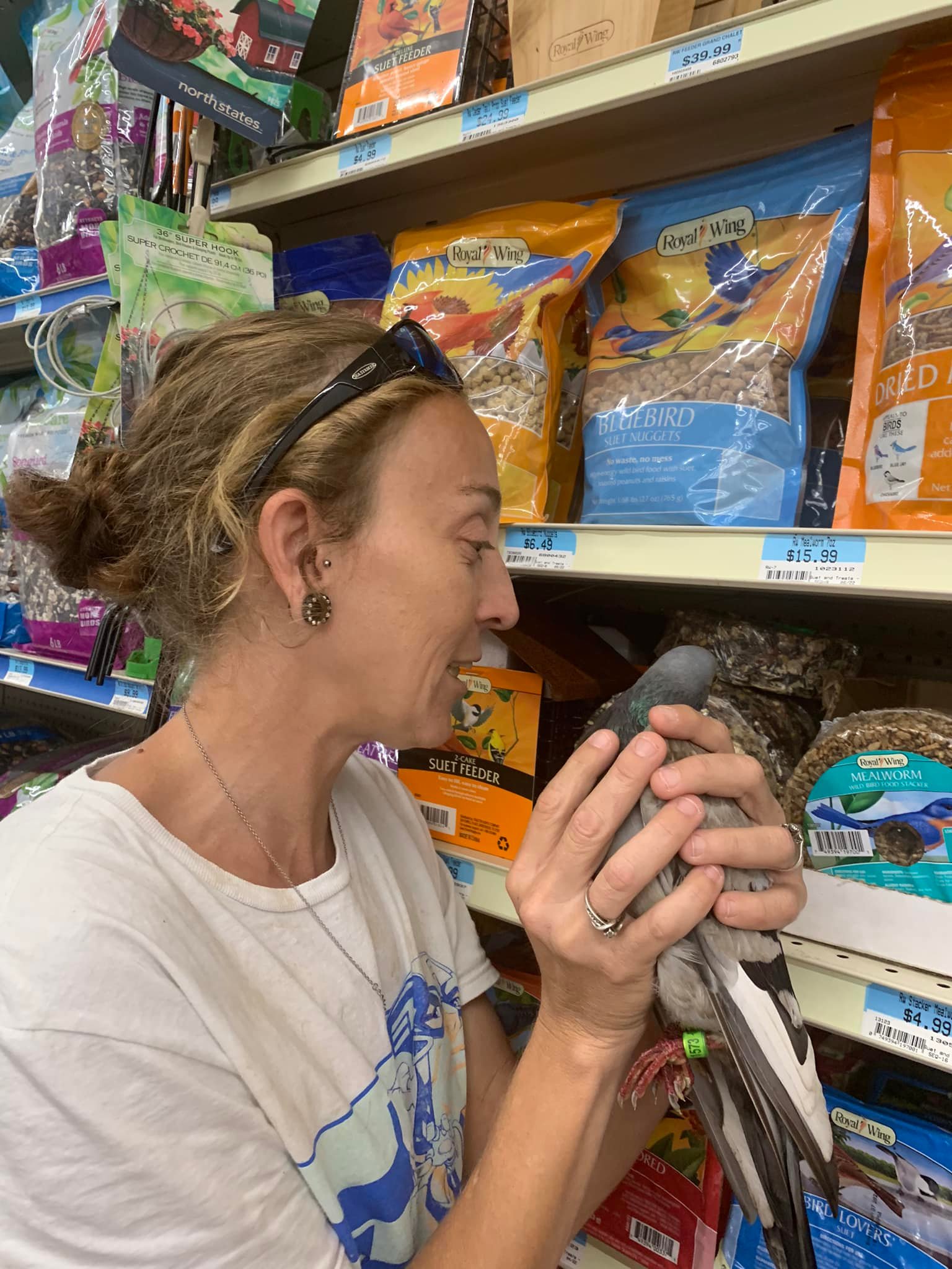 a woman talking as she holds bob the bird close to bird feed in a store so he can see.