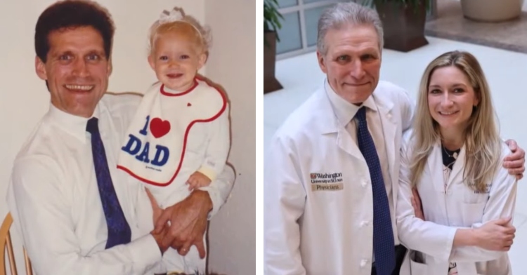 two-photo collage. on the left there is a picture of sophia roberts and her dad harold holding her when she was a baby. on the right there is a picture of the father and daughter years later, wearing their medical gowns.