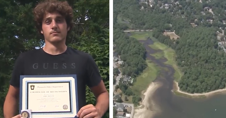 a two-photo collage. the first is of jake manna posing outside with his certificate from the plymouth police department. the second is an ariel view of a marshy river in plymouth, massachusetts.