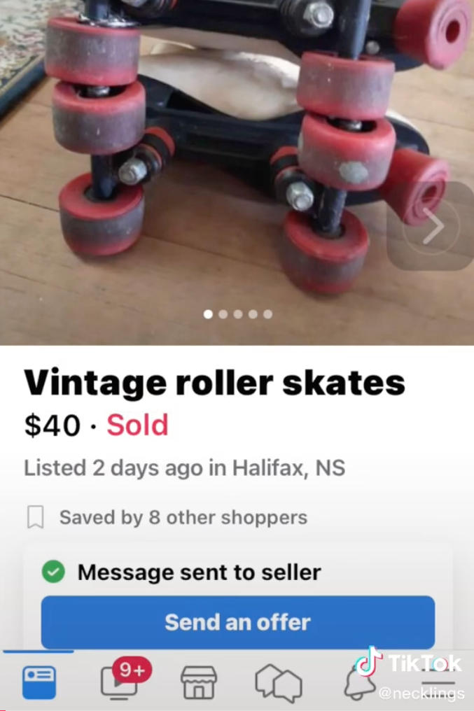 a marketplace post that has a picture of a pair of roller skates and a title that says "vintage roller skates" for $40.