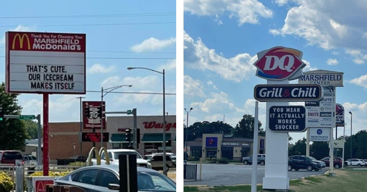 two-photo collage. on the left there is a picture of mcdonald's sign that says: "our icecream makes itself." on the right there is a picture of dairy queen's sign that says: "you mean it actually works shocker"