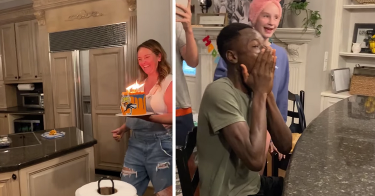 two-photo collage. on the left there is a picture of jamie walker walking in with abraham's birthday cake. on the right there is a picture of abraham's surprised reaction when he sees the cake.