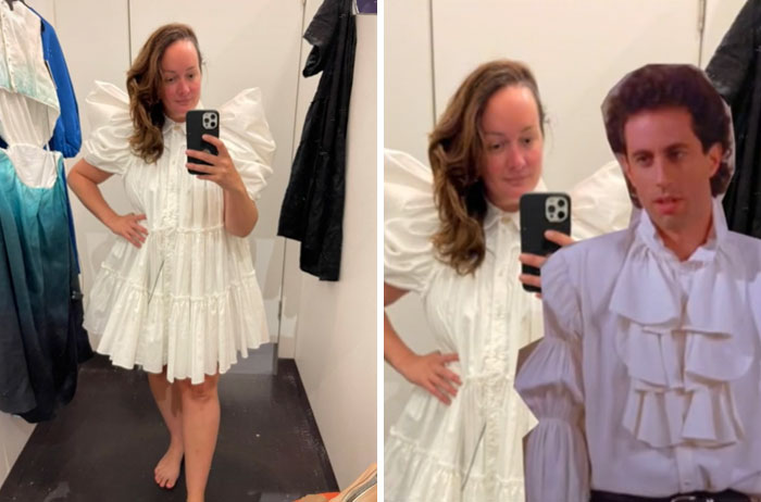 two-photo collage. on the left Adele Barbaro with her white puffy dress outfit and on the right, adele and her outfit and Jerry Seinfeld wearing a puffy shirt