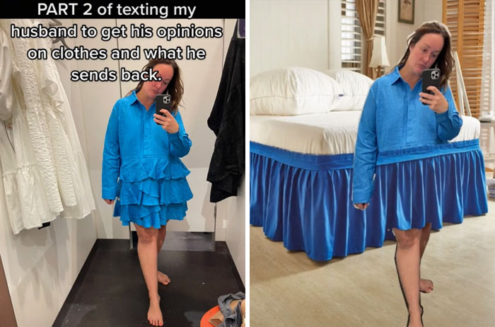 Adele Barbaro wearing a blue dress with ruffles in the bottom. on the right there is adele and bed skirt that looks exactly like her dress in the previous picture.