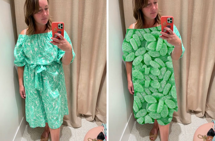 Adele Barbaro wearing a green and white dress and on the right there is an edit on her dress to make it seem like it's made of green leaves