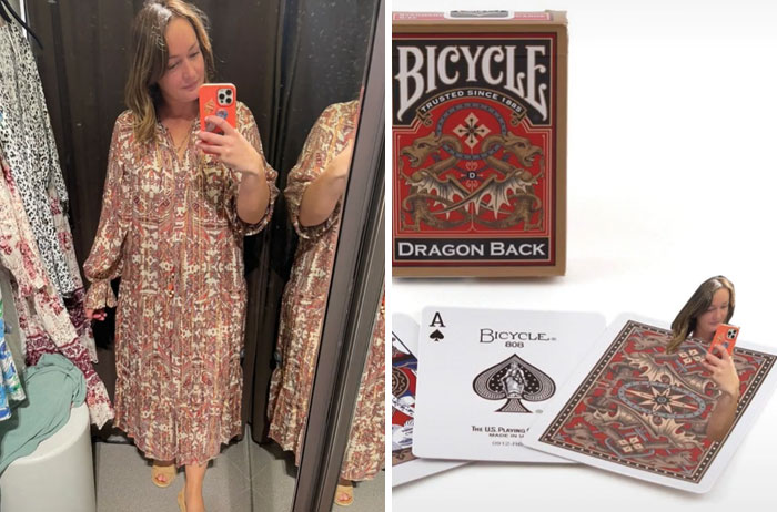 Adele Barbaro wearing a patterned dress. on the right adele camouflaged into a card from a deck of cards.