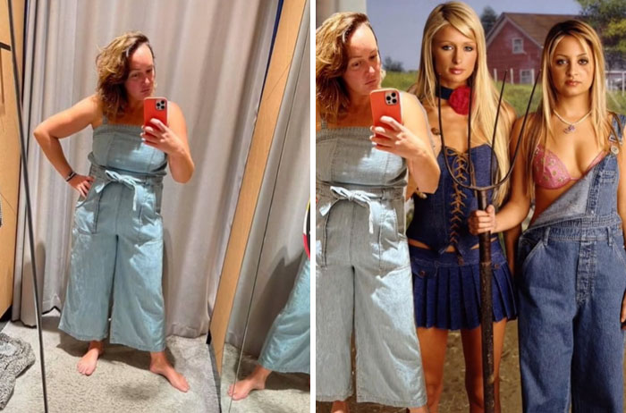 Adele Barbaro  on the left trying on a baby blue jumpsuit and on the right that same picture but with and Simple Life paris hilton and nicole richie.