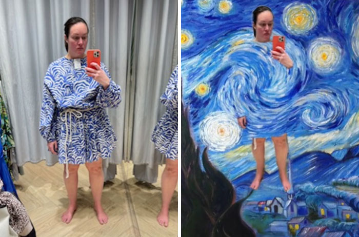 two-photo collage. on the left there is a picture of Adele Barbaro trying a blue dress with a white pattern. and on the right a picture of adele camouflaged into the painting of Starry Starry Night