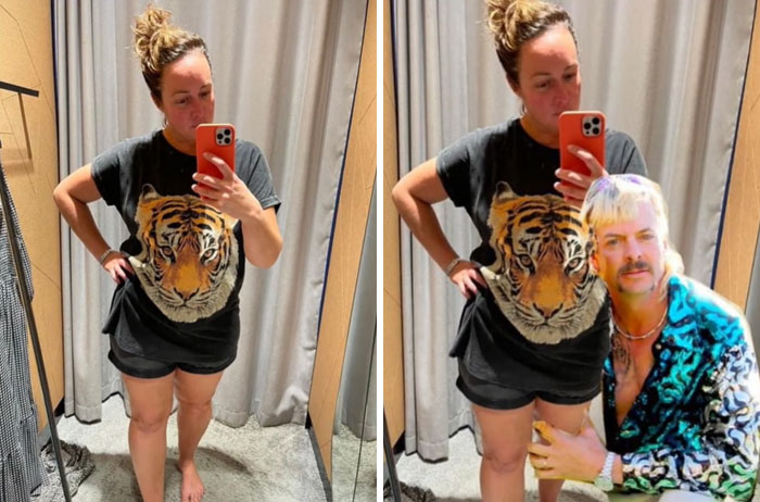 a two-photo collage. on the left there is a picture of adele Barbaro wearing a shirt with a big tiger. on the rigtht there is that same picture and Tiger King at the bottom touching her leg.