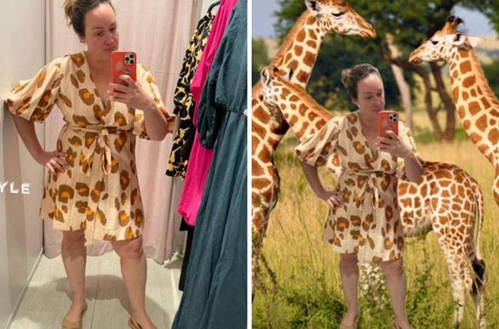 Adele Barbaro with a giraffe-like patterned dress and on the right a picture of adele in her dress with 
 giraffes on the background.