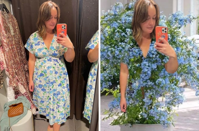 Adele Barbaro wearing a flower dress on the left. and on the right there is a picture of adele and a flower plant as a dress