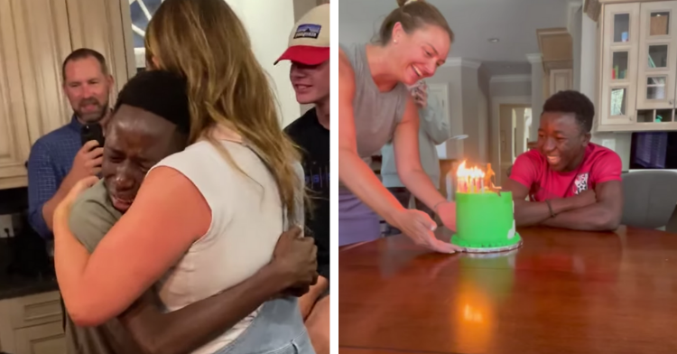 two-photo collage. on the left abraham is hugging his mom and crying. on the right james is happy when he sees his birthday cake.