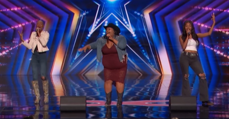 danica and devynn hart and trea swindle of chapel hart performing "you can have him, jolene" on "america's got talent."