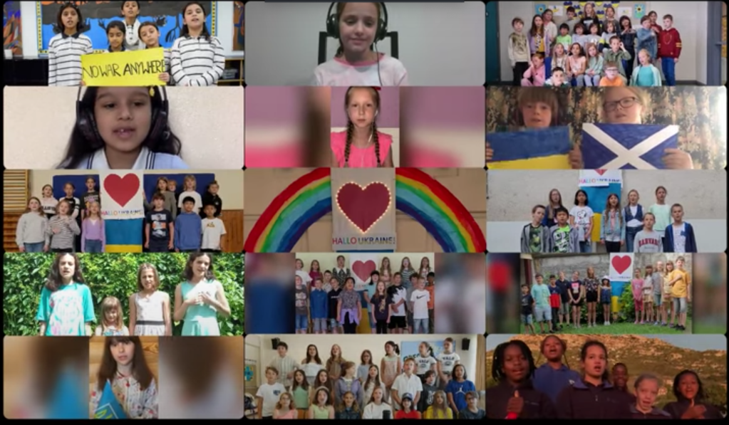 many different videos of children across the world singing along in a youtube video.