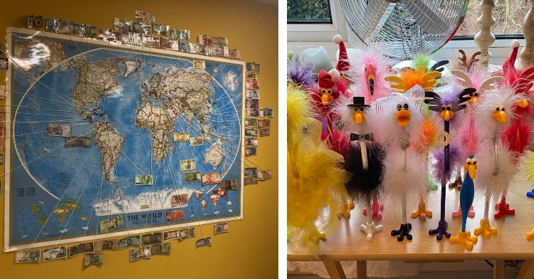 a two-photo collage. the first is of a world map hung on the wall. next to the map are various bills from around the world, each connected to their country of origin with a string. the second is of colorful bird pens lined up on a small table.