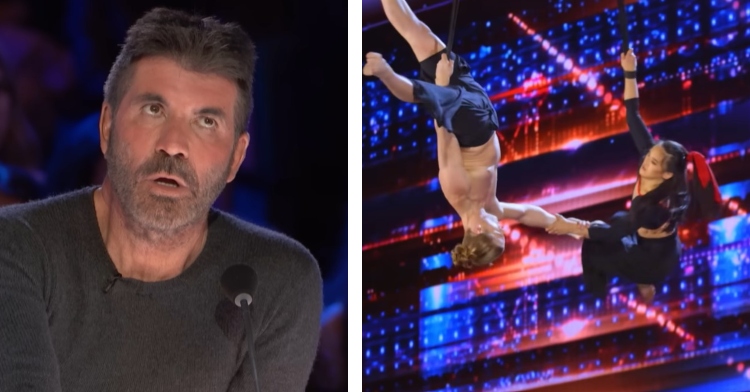 a two-photo collage. the first is of simon cowell looking up, mouth agape with shock. the second is of duo mico grabbing each other's arms as they twirl in the air with fabric.