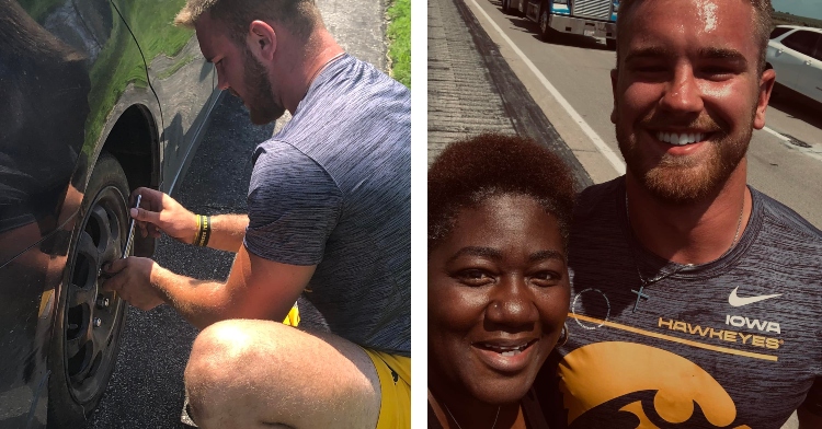 a two-photo collage. the first is of zach twedt changing tina gunn's tire on the side of an iowa interstate. the second is a selfie of tina gunn and zach twedt as they stand on the side of a highway.