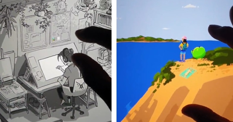 a two-photo collage. the first is of a black and white photo by lucas vaskange of an artist wearing headphones as he draws. the second is of that same drawing but zoomed in. the artist is now standing on a mountain next to an apple friend as they both enjoy the ocean view before them.