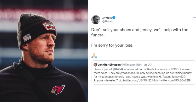 a two-photo collage. the first is of jj watt wearing a beanie hat as he stares into the distance, serious look on his face. the second is a quote tweet from him saying “don’t sell your shoes and jersey, we’ll help with the funeral. I’m sorry for your loss."