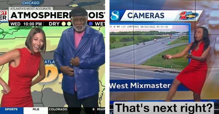 a two-photo collage. the first is of a woman weather reporter giving a report with comedian george wallace. she’s smiling as she has her arms on her hip and he’s pulling the jacket he’s wearing closer to him as he looks right at the camera, blank expression on his face. the second is of a distraught news reporter looking up and in the direction of where she just kicked.