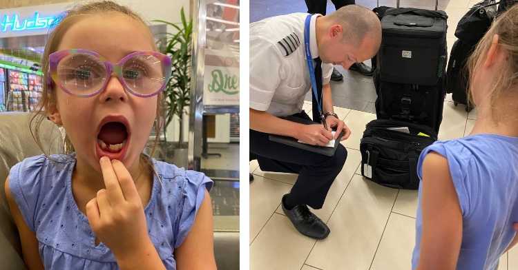 two-photo collage. on the left there is a picture of lena with her mouth wide open to show her missing tooth. on the right there is a picture of a united airlines pilot writing a note to the tooth fairy on behalf of lena.