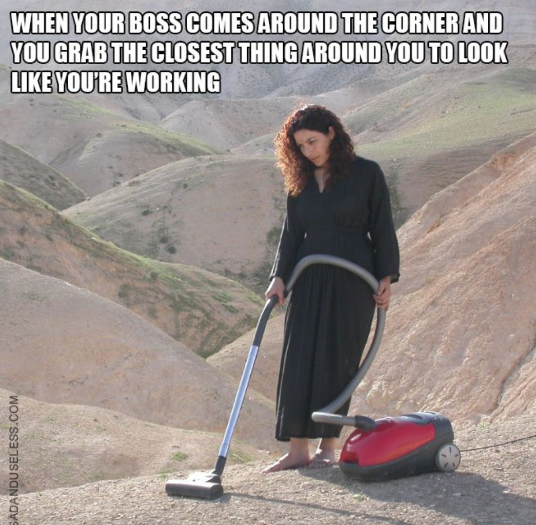 a meme that says: "when your boss comes around the corner and you grab the closest thing around you to look like you're working." and a picture of a woman with a vacuum in the middle of the desert. 