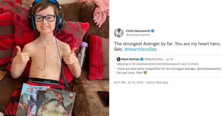 a two-photo collage. the first is of seb smiling as he sits on a couch with marvel spiderman comics in his lap. he’s wearing headphones, smiling, and giving two thumbs up. he isn’t wearing a shirt, making his vertical scar from heart surgery visible. the second is a tweet from @chrishemsworth where he quote tweeted @markruffalo. the original tweet from ruffalo reads ""I think we have some competition for the strongest Avenger, @chrishemsworth. Get well soon, Seb!" hemsworth's response is "The strongest Avenger by far. You are my heart hero, Seb. #HeartHeroSeb"