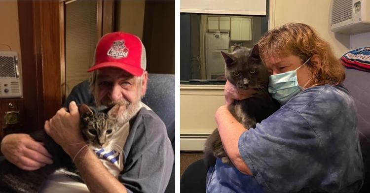 a two-photo collage. the firs is of ken johnson smiling as he sits in a chair and holds his cat, tully. the second is of a woman wearing a face mask sitting as she holds a dark grey cat close to her. the woman looks emotional.