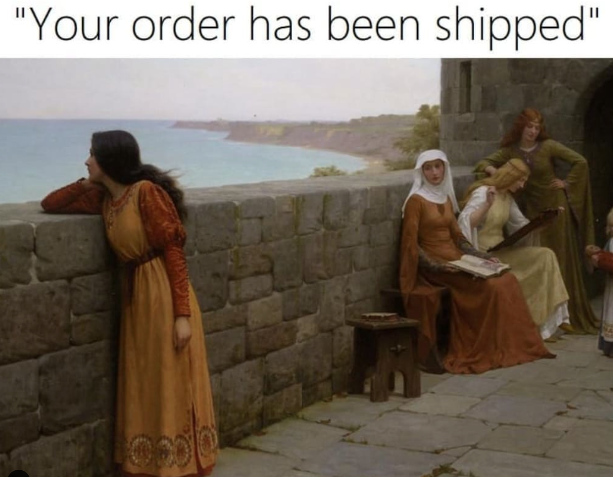 a meme that says: "your order has been shipped" and a painting of a woman that is looking at the horizon. 
