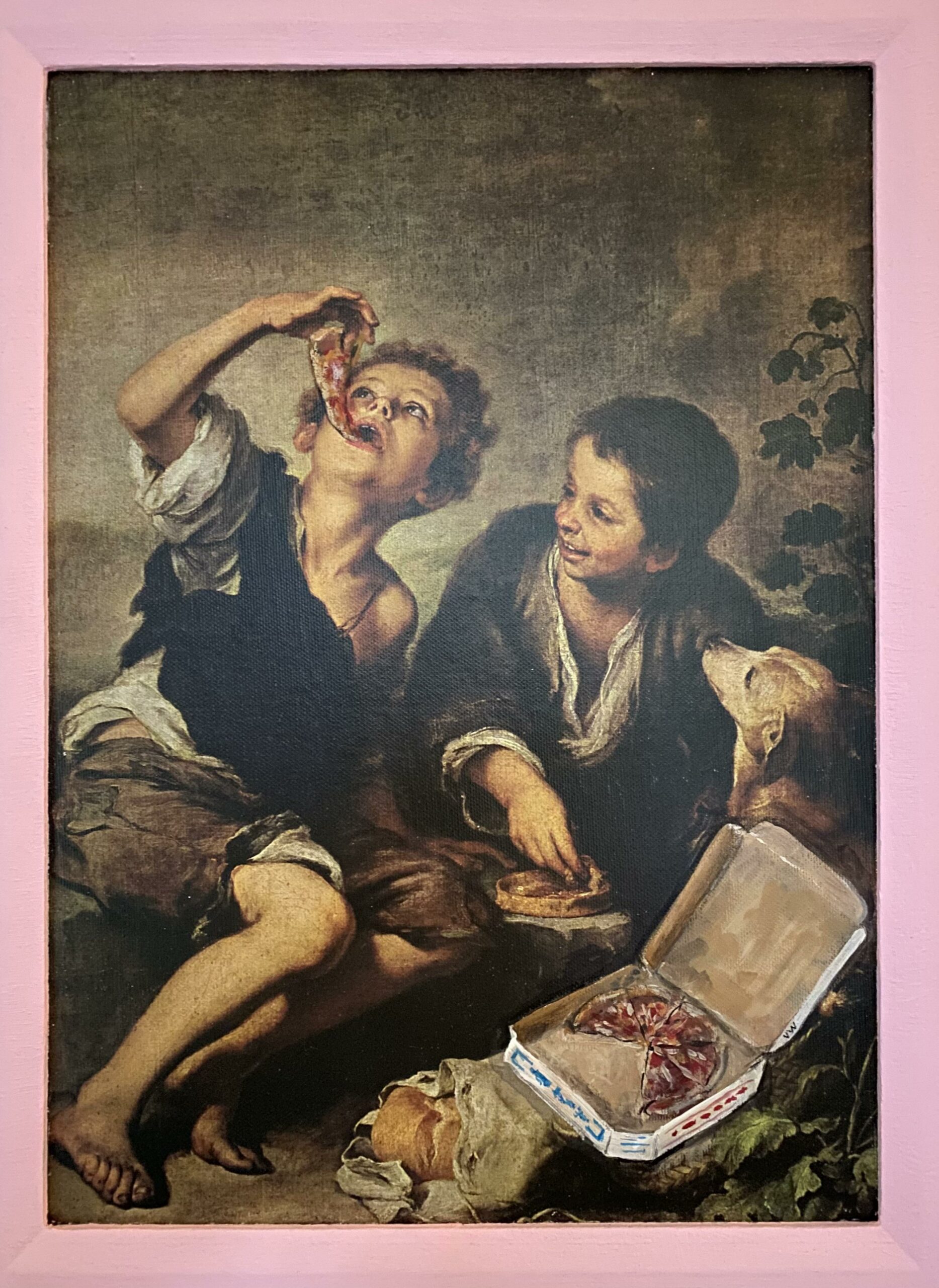 a painting of two children and a dog who are sitting outside. one is holding up a pizza that was added in and he's about to eat it. the second boy is watching. an open box of pizza has been added just in front of them. 