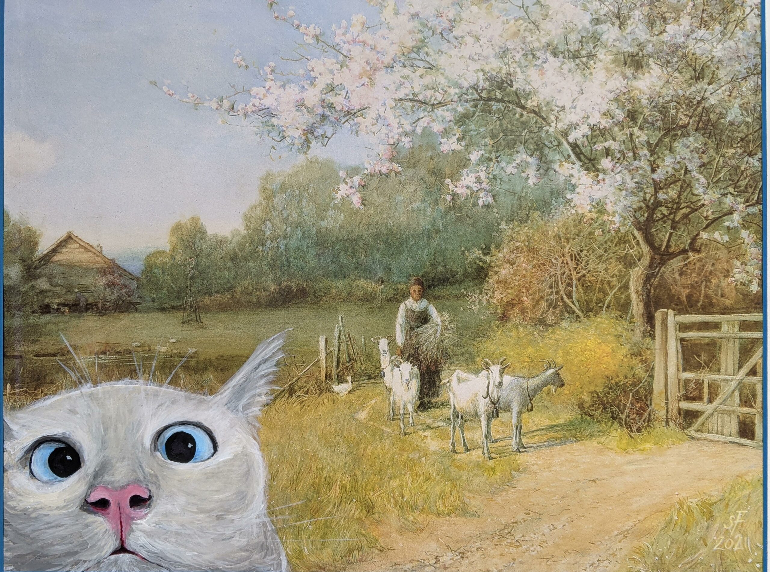 a painting of a woman guiding goats to a gate with her home in the distance. a white cat with light blue eyes has been added to the bottom left corner. the cat is so close that all we can see is their face.