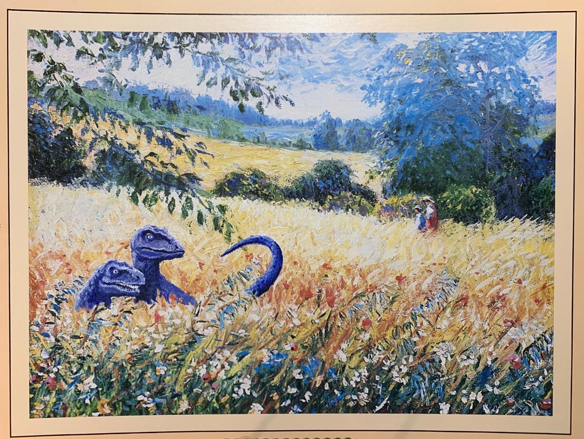 painting of a field of flowers with two people walking in the distance. two small, blue dinosaurs have been added to the forefront.